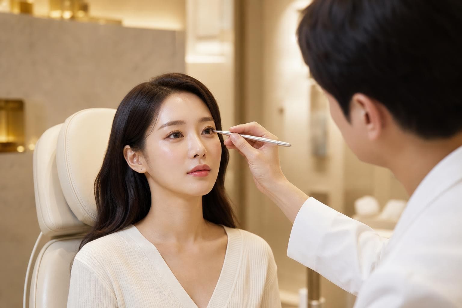 눈성형 상담을 받는 성인 여성의 클리닉 포트레이트